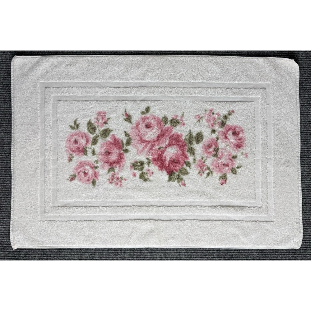 Vintage St. Marys Pink Rose Bath Rug Mat 100% Cotton White Floral 22x33 USA
